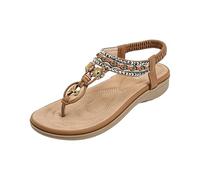 Women's Summer Flat Sandals - Casual Comfortable T-Strap Flip Flops with Elastic Ankle Strap Bohemian T-Strap Women Sandals Casual Open Toe Separator Sandals Elegant Beach Sandals, khaki, 5 UK
