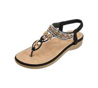 Women's Summer Flat Sandals - Casual Comfortable T-Strap Flip Flops with Elastic Ankle Strap Bohemian T-Strap Women Sandals Casual Open Toe Separator Sandals Elegant Beach Sandals, black, 8 UK