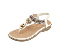 Women's Summer Flat Sandals - Casual Comfortable T-Strap Flip Flops with Elastic Ankle Strap Bohemian T-Strap Women Sandals Casual Open Toe Separator Sandals Elegant Beach Sandals, White, 5 UK