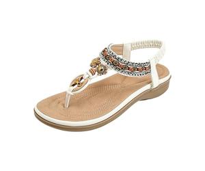 Women's Summer Flat Sandals - Casual Comfortable T-Strap Flip Flops with Elastic Ankle Strap Bohemian T-Strap Women Sandals Casual Open Toe Separator Sandals Elegant Beach Sandals, White, 5 UK