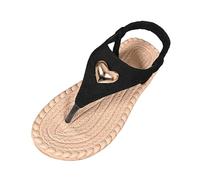 Women's Summer Flat Sandals | Strappy Back Crossover Solid Top Metal Heart Ornament Open Toe Flat Sole Rope Look Braided Edge | Casual Beach Style Vacation Summer, 01 Black, 9.5 UK