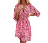 Women's Summer Floral Dress - 3/4 Sleeve Dress, V Neck, Casual Beach Dress, Bohemian Ruffles Slimming Dress, Casual Comfortable Dress, Chic and Elegant Dress, Sexy Bodycon Casual Dress, Red, M