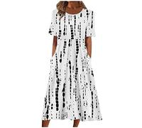 Womens Summer Floral Dress Midi Boho Beach Dress Calf Length Swing Long Dress Flower Print Short Sleeve Dress with Pockets Round Neck Casual Loose Dresses Elegant Office Daily Dress Flowy Tiered Dress