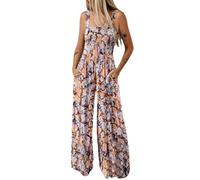 Women's Summer Floral Pattern Casual Loose Overalls Wide Leg Playsuit Long Romper With Pockets Casual Wide Leg Overalls Cotton Baggy Jumpsuits with Pockets