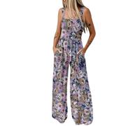 Women's Summer Floral Pattern Casual Loose Overalls Wide Leg Playsuit Long Romper With Pockets Casual Wide Leg Overalls Cotton Baggy Jumpsuits with Pockets