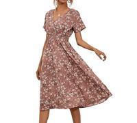 Women's Summer Floral V-Neck Sundress - Ditsy Print A-Line Dress with Waisted Cut, Short Sleeve Tea Length Design