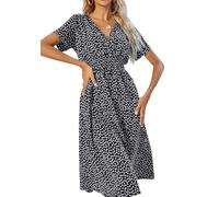 Women's Summer Floral V-Neck Sundress - Ditsy Print A-Line Dress with Waisted Cut, Short Sleeve Tea Length Design
