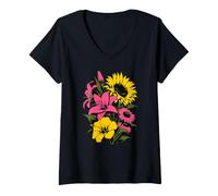 Women's Summer Flowers Sunflower Lily Hibiscus Floral Design V-Neck T-Shirt