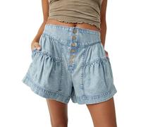 Womens Summer Flowy Jean Shorts Pleated Ruffle Button Up High Waisted Wide Leg Denim Skort with Pockets Casual Y2k Teens Stretchy Comfy Beach Shorts (Blue,S)