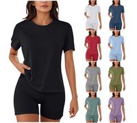 Women's Summer Going Out Tracksuit Y2k Casual 2 Pieces Outfits Short Sleeve Crop Top + Shorts Set Sports Sweatsuit Loose Comfortable Two Piece Tracksuit Gym Yoga Outfit Black