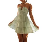 Women's Summer Halter Neck Mini Dress Floral Sleeveless Flowy Tiered A Line Dress Backless Beach Vacation Sundress (A-Green, M)