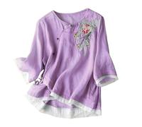 Women's Summer Hanfu Cotton Ramie Blouse - 3/4 Sleeve Chinese Style Clothes with Chinese Frog Button Detail Loose Fit Top(1A-Purple, XXXL)