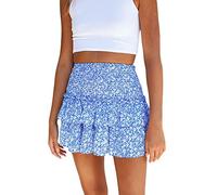 Women's Summer High Waist Ruffle Tiered Mini Skirt Floral Printed A-line Bohemian Layered Ruffled Beach Cute Skirt (Blue 1, M)