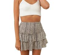Women's Summer High Waist Ruffle Tiered Mini Skirt Floral Printed A-line Bohemian Layered Ruffled Beach Cute Skirt (Beige, XL)