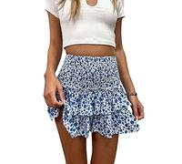 Women's Summer High Waist Ruffle Tiered Mini Skirt Floral Printed A-line Bohemian Layered Ruffled Beach Cute Skirt (Blue 2, M)