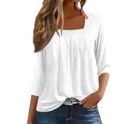 Womens Summer Holiday Clothes A Solid Color T Shirt with A Square Neck for Ladies A Casual Pleated Loose and Flowing Three Quarter Sleeve Top Short Purple Hippy top Western Clothing Women