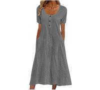 Womens Summer Hollow Dresses Solid Color Buttons Pullover Dress Ladies Short Sleeve Swing Loose Long Dress V Neck Midi Dress Spring Summer Flowy Loose Casual Holiday Dress Grey