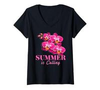 Women's Summer is Calling Orchids Tropical Floral Beach Souvenir V-Neck T-Shirt