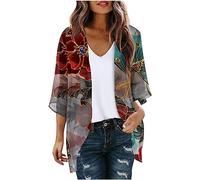 Womens Summer Jackets Kimono Cardigan Puff Sleeve Boho Clothes for Women Casual Loose Ladies Cover Ups for The Beach Open Front Lightweight Cardigans Women UK Floral Chiffon Coat Festival Kimono