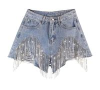 Women's Summer Jean Shorts Tassels Wide Leg Rhinestone Fringe Sexy Denim Short Jeans Summer Vacation Holiday Essential Blue