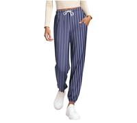 Women's Summer Joggers Elasticated Drawstring Waist Striped Trousers Loose Fit Wide Leg Tapered Cuffs Pants with Pockets Casual Workout Sportswear Stretchy Lightweight Comfy Loungewear Homewear