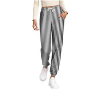 Women's Summer Joggers Elasticated Drawstring Waist Striped Trousers Loose Fit Wide Leg Tapered Cuffs Pants with Pockets Casual Workout Sportswear Stretchy Lightweight Comfy Loungewear Homewear