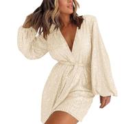 Womens Summer Jumpsuits Uk, Romper For Summer Plus Size Elegant Sleeve Belted Sequin Romper (Beige XXL)