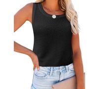 Women's Summer Knit Sweater Tank Tops Round Neck Crochet Hollow Out Sleeveless Casual Crop Shirt (Black, XL)