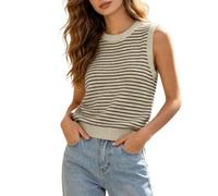 Women's Summer Knitted Sweater Vest Solid Color Round Neck Crochet Hollow Out Sleeveless Casual Short Shirt Women's Round Neck Sleeveless Striped Knitted Vest Top Hollow Out Sweater