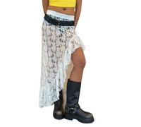 Women's Summer Lace Long Skirt Elastic Waist Asymmetrical Hem Ruffled Midi Skirt Sexy Transparent Beach Flowers Maxi Skirts, White, S