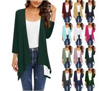 Women's Summer Light Cardigan - Women's Mid-Season Casual Coat Solid Colour Coats 3/4 Sleeve Clothing Open Front Clothing Loose Loungewear Outdoor Blouse Versatile Cardigan, Green, XL