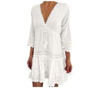 Women's Summer Light Floral Chiffon Bikini Cover Ups V Neck Lace Hollow Out Swimwear Tunic Beach Dress Ladies Casual 3/4 Sleeve Beachwear Going Out Tops White