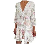 Women's Summer Light Floral Chiffon Bikini Cover Ups V Neck Lace Hollow Out Swimwear Tunic Beach Dress Ladies Casual 3/4 Sleeve Beachwear Going Out Tops Red