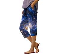 Women's Summer Lightweight Casual Sports Trousers Linen Women's 7/8 Galaxy Printed High Waist Trousers 3/4 Wide Capri Harem Trousers Large Size Trousers Elastic Waist Fluid Pants Summer Beach Pants