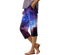 Women's Summer Lightweight High Waist Linen Trousers 7/8 Galaxy Printed Casual Sport Pants Large Size Trousers Elastic Waist Summer Beach Trousers 3/4 Wide Capri Trousers Harem Fluid, Blue, XXL