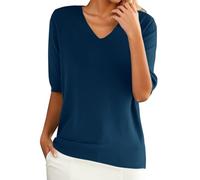 Women's Summer Lightweight Knit Pullover, Thin Top, Short Sleeve V-Neck, Casual Knit Jumper, Elegant Spring Summer Sweatshirt, Solid Color, Short Sleeve Pullover, Comfortable Knitted Tops, darkblue