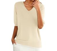 Women's Summer Lightweight Knit Pullover, Thin Top, Short Sleeve V-Neck, Casual Knit Jumper, Elegant Spring Summer Sweatshirt, Solid Color, Short Sleeve Pullover, Comfortable Knitted Tops, beige, XXL