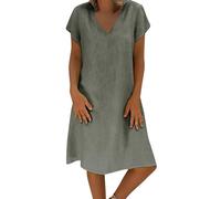 Women's Summer Linen Dress Short Sleeve Casual Solid Color V Neck Dress Elegant Boho Prom Petite Shirt Dresses for Girls A Line Lounge Swing Tunic Dresses Without Accessories