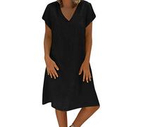 Women's Summer Linen Dress Short Sleeve Casual Solid Color V Neck Dress Elegant Boho Prom Petite Shirt Dresses for Girls A Line Lounge Swing Tunic Dresses Without Accessories