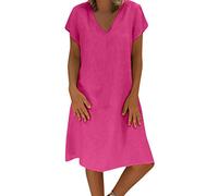 Women's Summer Linen Dress Short Sleeve Casual Solid Color V Neck Dress Elegant Boho Prom Petite Shirt Dresses for Girls A Line Lounge Swing Tunic Dresses Without Accessories