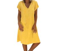 Women's Summer Linen Dress Short Sleeve Casual Solid Color V Neck Dress Elegant Boho Prom Petite Shirt Dresses for Girls A Line Lounge Swing Tunic Dresses Without Accessories