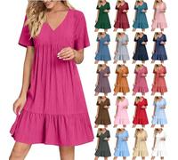 Womens Summer Linen Dresses V Neck Short Sleeve Midi Dress Holiday Casual A Line Dresses for Women Solid Color Elegant Vacation Swing Pleated Beach Sundress Tunic Dress Daily Wear