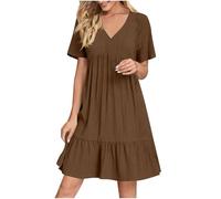 Womens Summer Linen Dresses V Neck Short Sleeve Midi Dress Holiday Casual A Line Dresses for Women Solid Color Elegant Vacation Swing Pleated Beach Sundress Tunic Dress Daily Wear