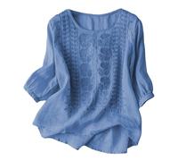 Women's Summer Linen Shirt Boho Tunic Top - Lightweight Short Sleeve Blouse, Loose Casual Tee with Flowy Hem for Holidays Blue