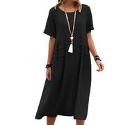 Women's Summer Loose Casual Cotton Linen Solid Colour Round Neck Short Sleeve Midi Dresses Black