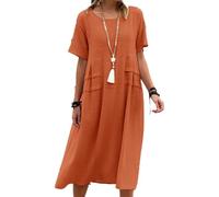 Women's Summer Loose Casual Cotton Linen Solid Colour Round Neck Short Sleeve Midi Dresses Orange