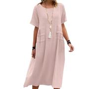 Women's Summer Loose Casual Cotton Linen Solid Colour Round Neck Short Sleeve Midi Dresses Pink