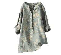Women's Summer Loose Fit Linen Cotton Shirts Graphic V Neck Gauze 2025 Tops Long Sleeve Fall 3/4 Length Sleeve Club High Low Shirt to Wear with Leggings Embroidered Flowy Womens Boho Light Green