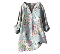 Women's Summer Loose Fit Linen Cotton Shirts Graphic V Neck Gauze 2025 Tops Long Sleeve Fall 3/4 Length Sleeve Club High Low Shirt to Wear with Leggings Embroidered Flowy Womens Boho Sky Blue