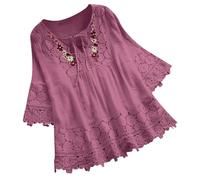 Womens Summer Loose Tops V-Neck Lace Crochet Half Sleeve Shirts Casual Chiffon Blouses Flowy Blouses Shirts(Za Hot Pink,L)